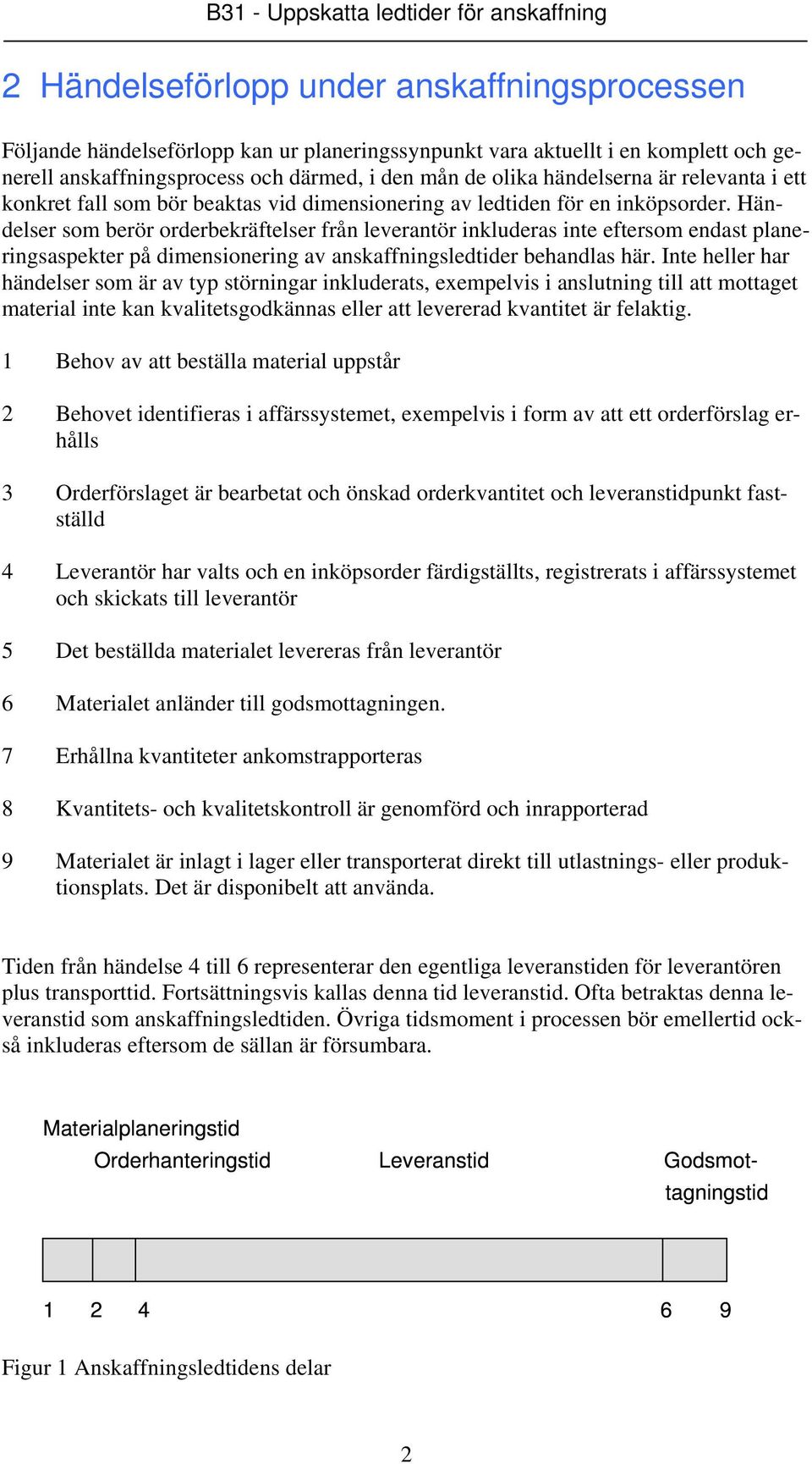 Händelser som berör orderbekräftelser från leverantör inkluderas inte eftersom endast planeringsaspekter på dimensionering av anskaffningsledtider behandlas här.