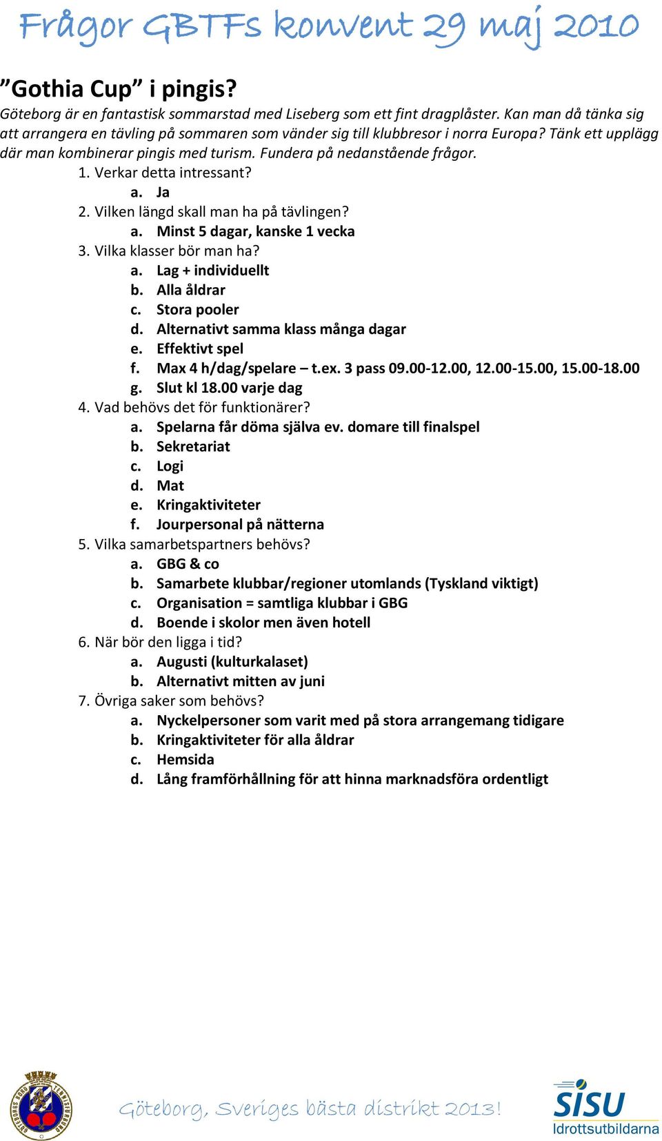 Verkar detta intressant? a. Ja 2. Vilken längd skall man ha på tävlingen? a. Minst 5 dagar, kanske 1 vecka 3. Vilka klasser bör man ha? a. Lag + individuellt b. Alla åldrar c. Stora pooler d.