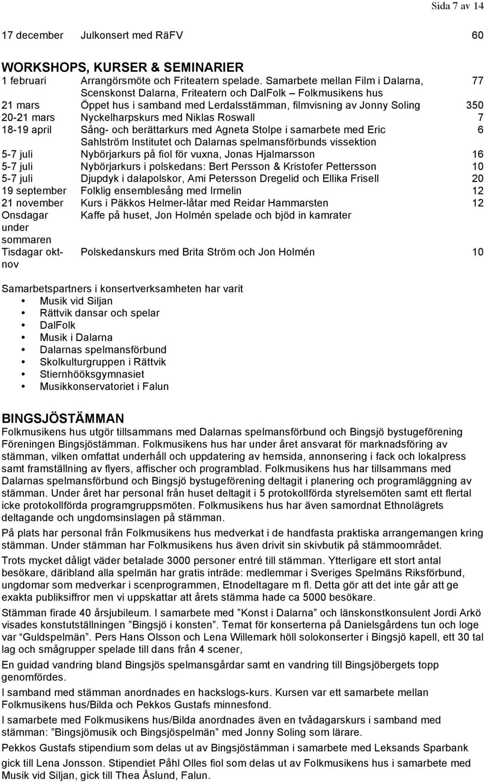 Nyckelharpskurs med Niklas Roswall 7 18-19 april Sång- och berättarkurs med Agneta Stolpe i samarbete med Eric 6 Sahlström Institutet och Dalarnas spelmansförbunds vissektion 5-7 juli Nybörjarkurs på