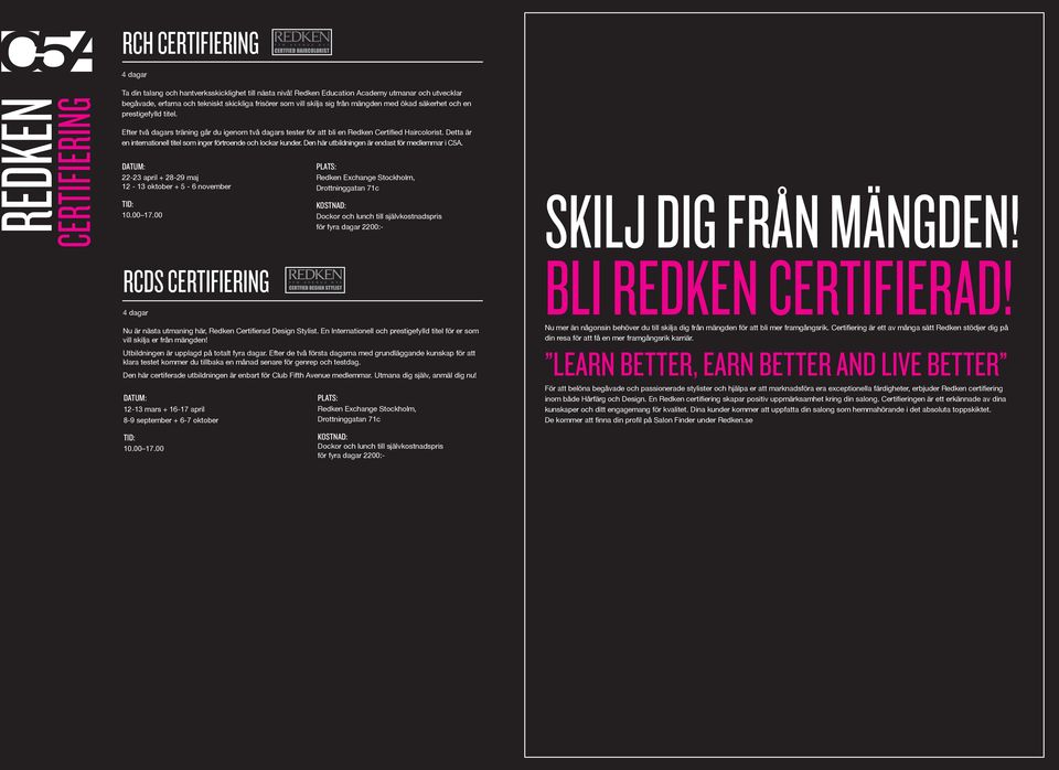 Efter två dagars träning går du igenom två dagars tester för att bli en Redken Certified Haircolorist. Detta är en internationell titel som inger förtroende och lockar kunder.