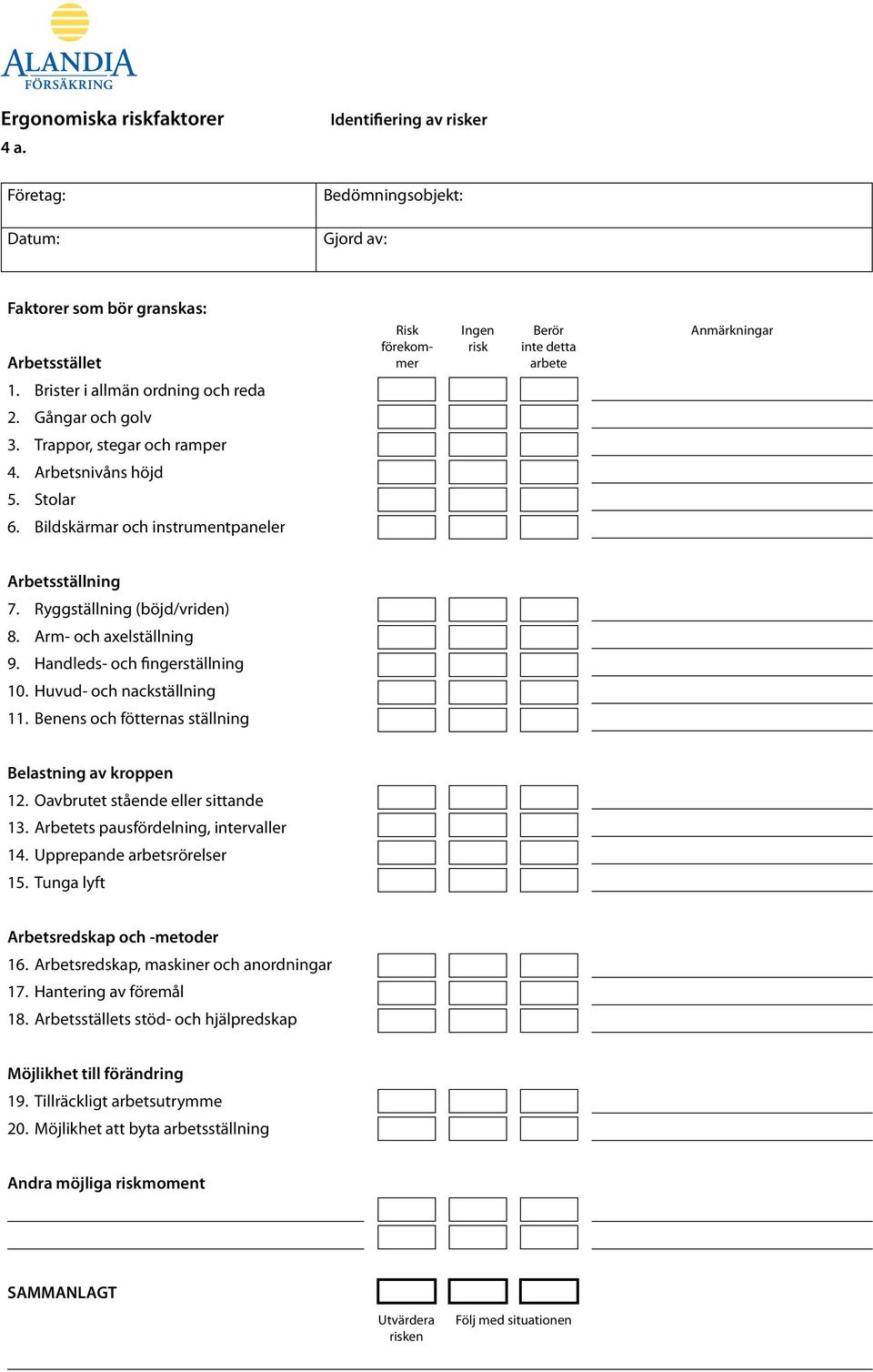 Brister i allmän ordning och reda 2. Gångar och golv 3. Trappor, stegar och ramper 4. Arbetsnivåns höjd 5. Stolar 6. Bildskärmar och instrumentpaneler Arbetsställning 7. Ryggställning (böjd/vriden) 8.