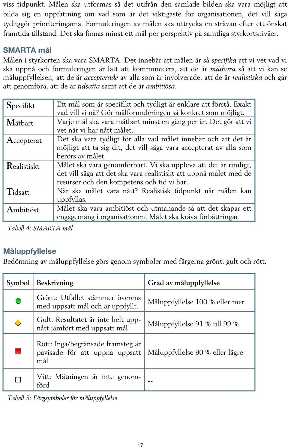 Formuleringen av målen ska uttrycka en strävan efter ett önskat framtida tillstånd. Det ska finnas minst ett mål per perspektiv på samtliga styrkortsnivåer.