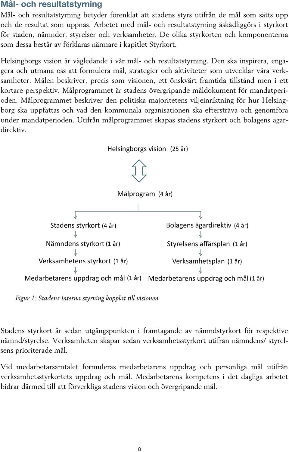 De olika styrkorten och komponenterna som dessa består av förklaras närmare i kapitlet Styrkort. Helsingborgs vision är vägledande i vår mål- och resultatstyrning.