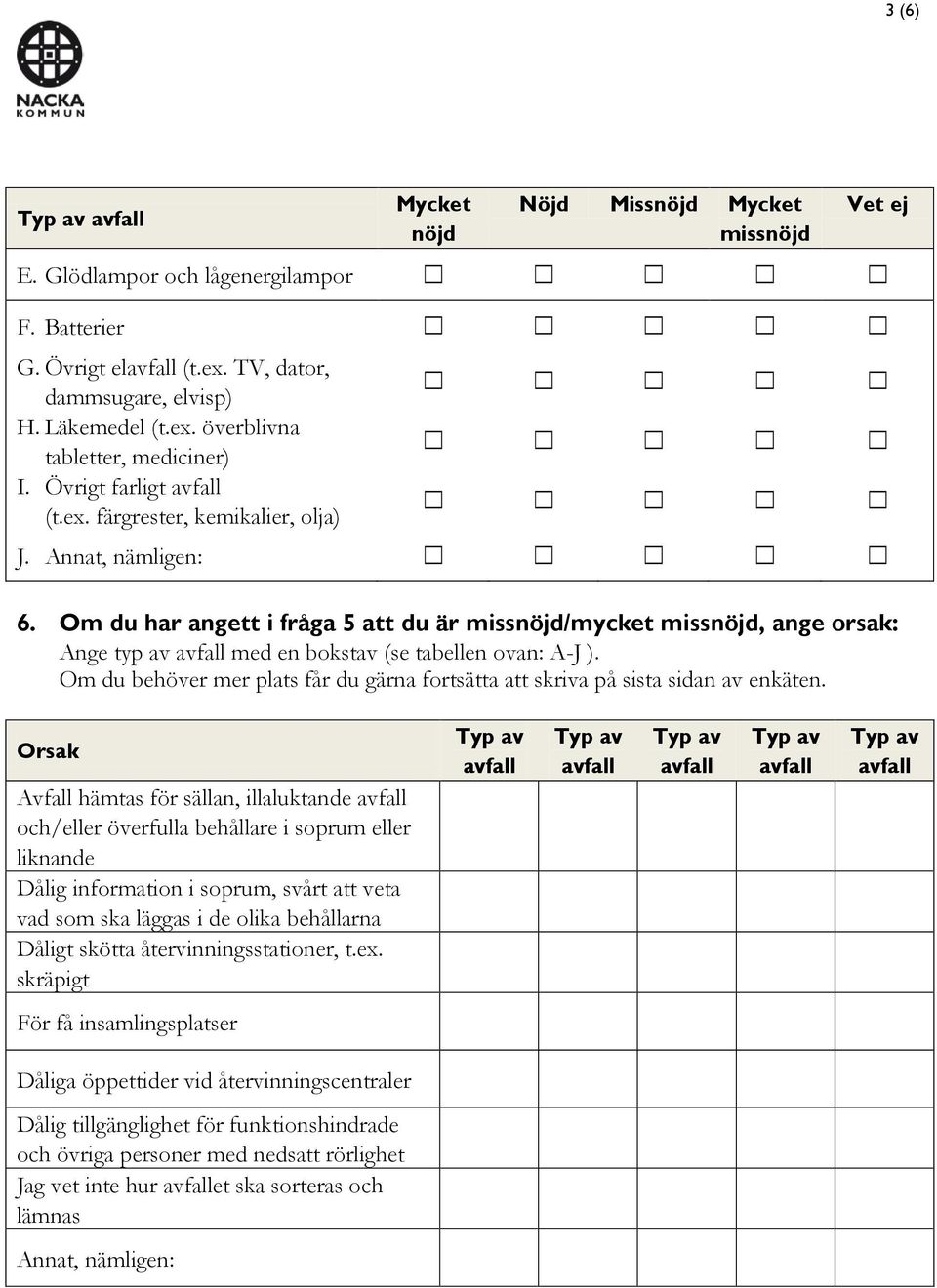 Om du har angett i fråga 5 att du är missnöjd/mycket missnöjd, ange orsak: Ange typ av med en bokstav (se tabellen ovan: A-J ).