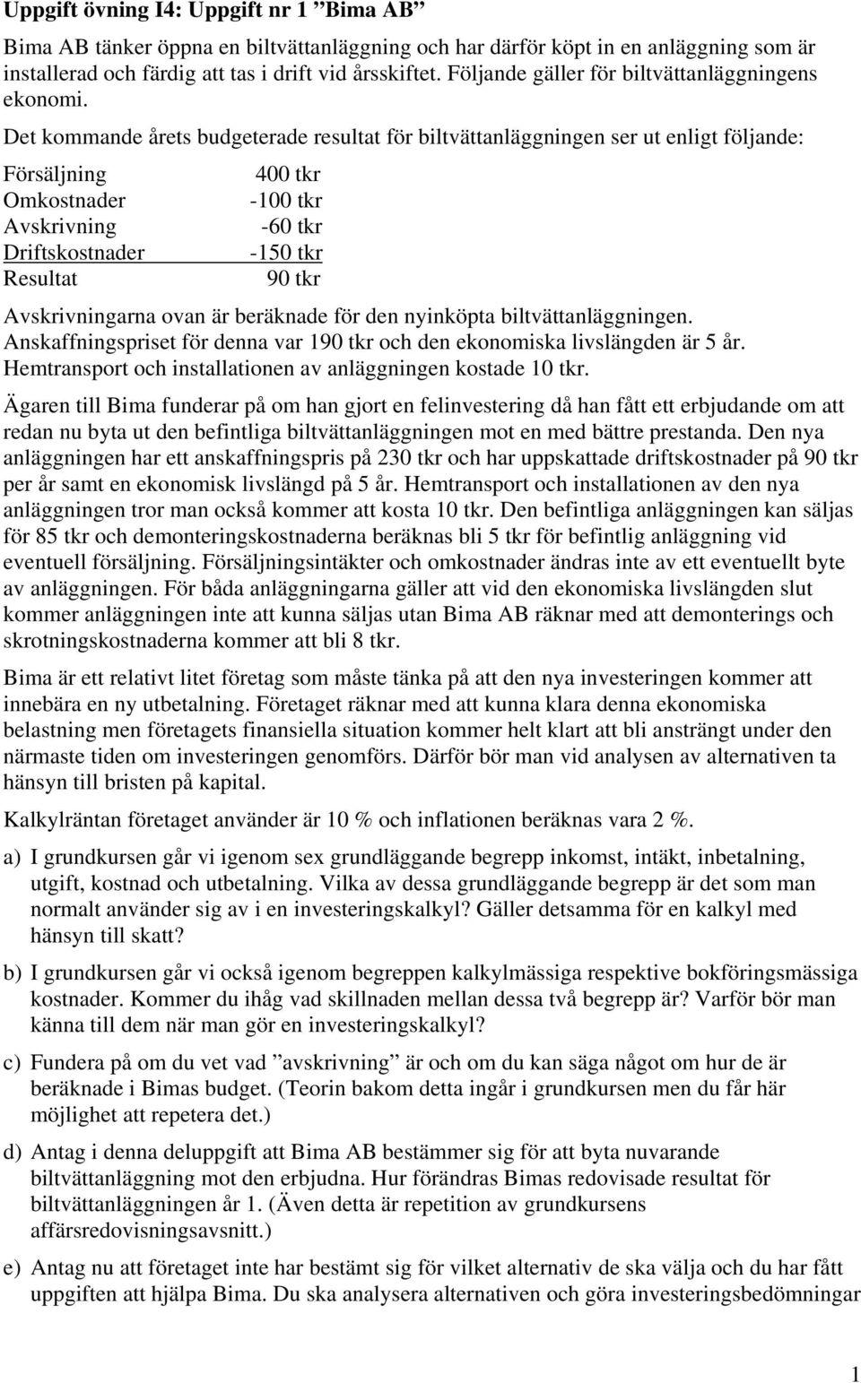 Det ommande årets budgeterade resultat för biltvättanläggningen ser ut enligt följande: Försäljning 400 tr Omostnader -100 tr Avsrivning -60 tr Driftsostnader -150 tr Resultat 90 tr Avsrivningarna