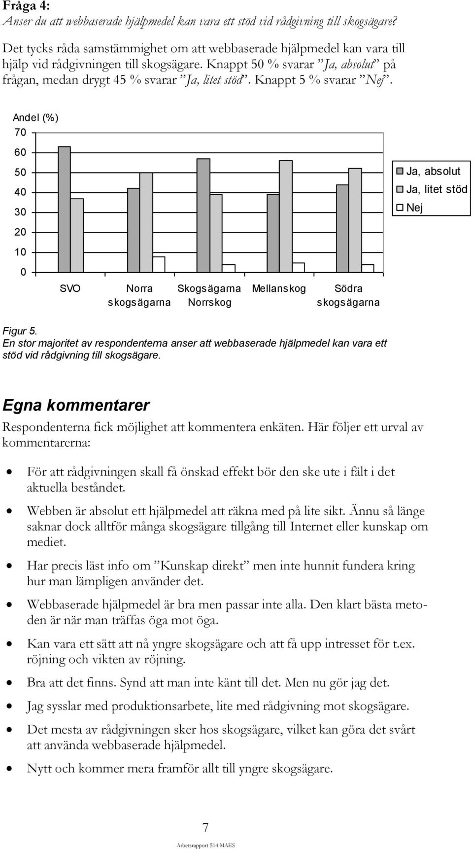 Knappt 5 % svarar Nej. Andel (%) 70 60 50 40 30 Ja, absolut Ja, litet stöd Nej 20 10 0 SVO Norra skogsägarna Skogsägarna Norrskog Mellanskog Södra skogsägarna Figur 5.