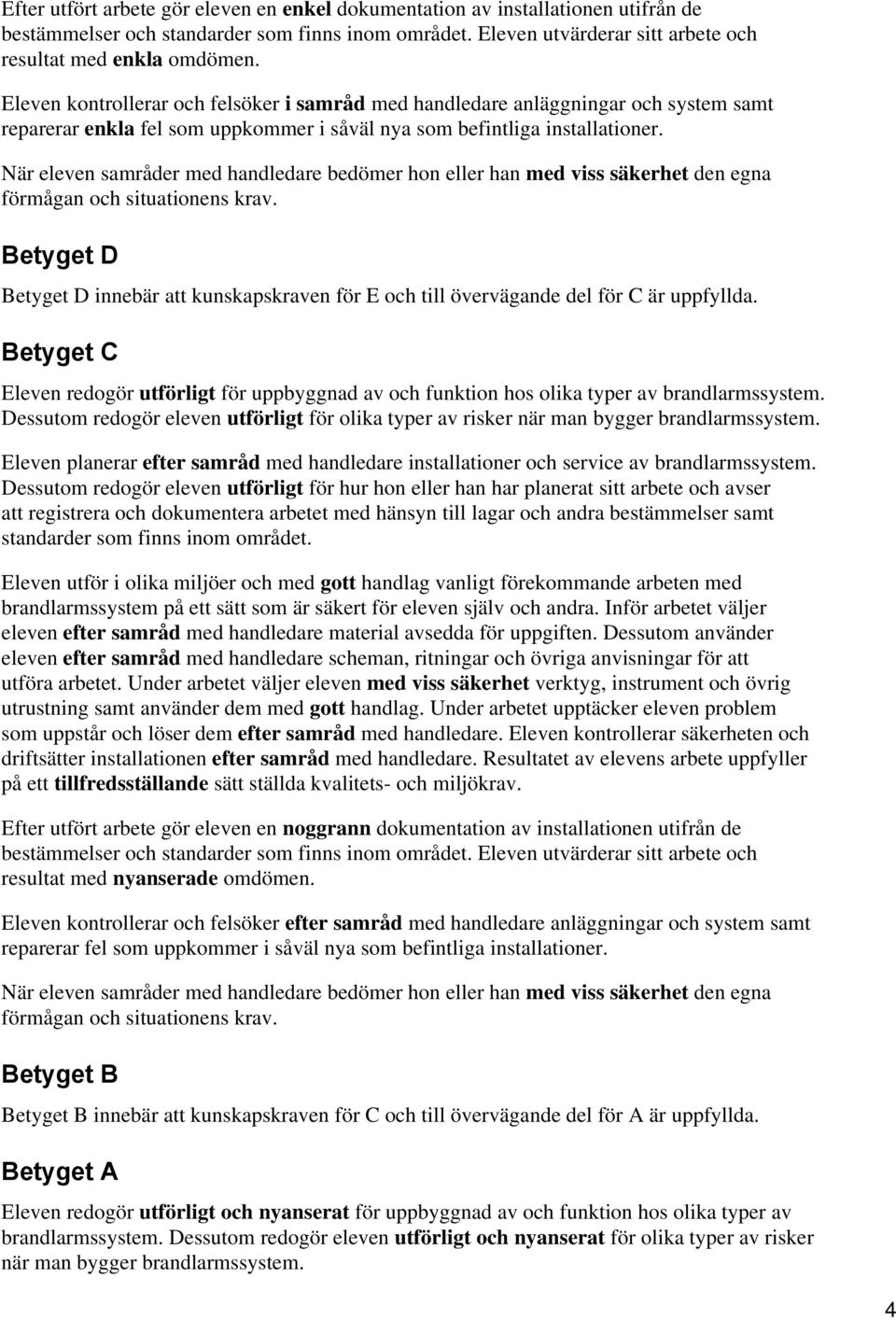 Betyget D Betyget D innebär att kunskapskraven för E och till övervägande del för C är uppfyllda. Betyget C Eleven redogör utförligt för uppbyggnad av och funktion hos olika typer av brandlarmssystem.