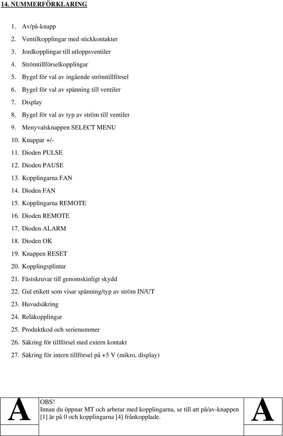 Kopplingarna FAN 14. Dioden FAN 15. Kopplingarna REMOTE 16. Dioden REMOTE 17. Dioden ALARM 18. Dioden OK 19. Knappen RESET 20. Kopplingsplintar 21. Fästskruvar till genomskinligt skydd 22.