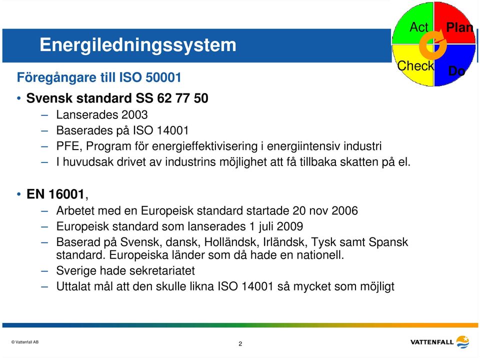 Act Check Plan Do EN 16001, Arbetet med en Europeisk standard startade 20 nov 2006 Europeisk standard som lanserades 1 juli 2009 Baserad på Svensk,