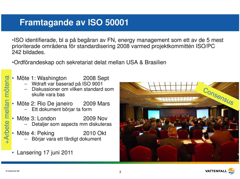 Ordförandeskap och sekretariat delat mellan USA & Brasilien +Arbete mellan mötena Möte 1: Washington 2008 Sept Wdraft var baserad på ISO 9001