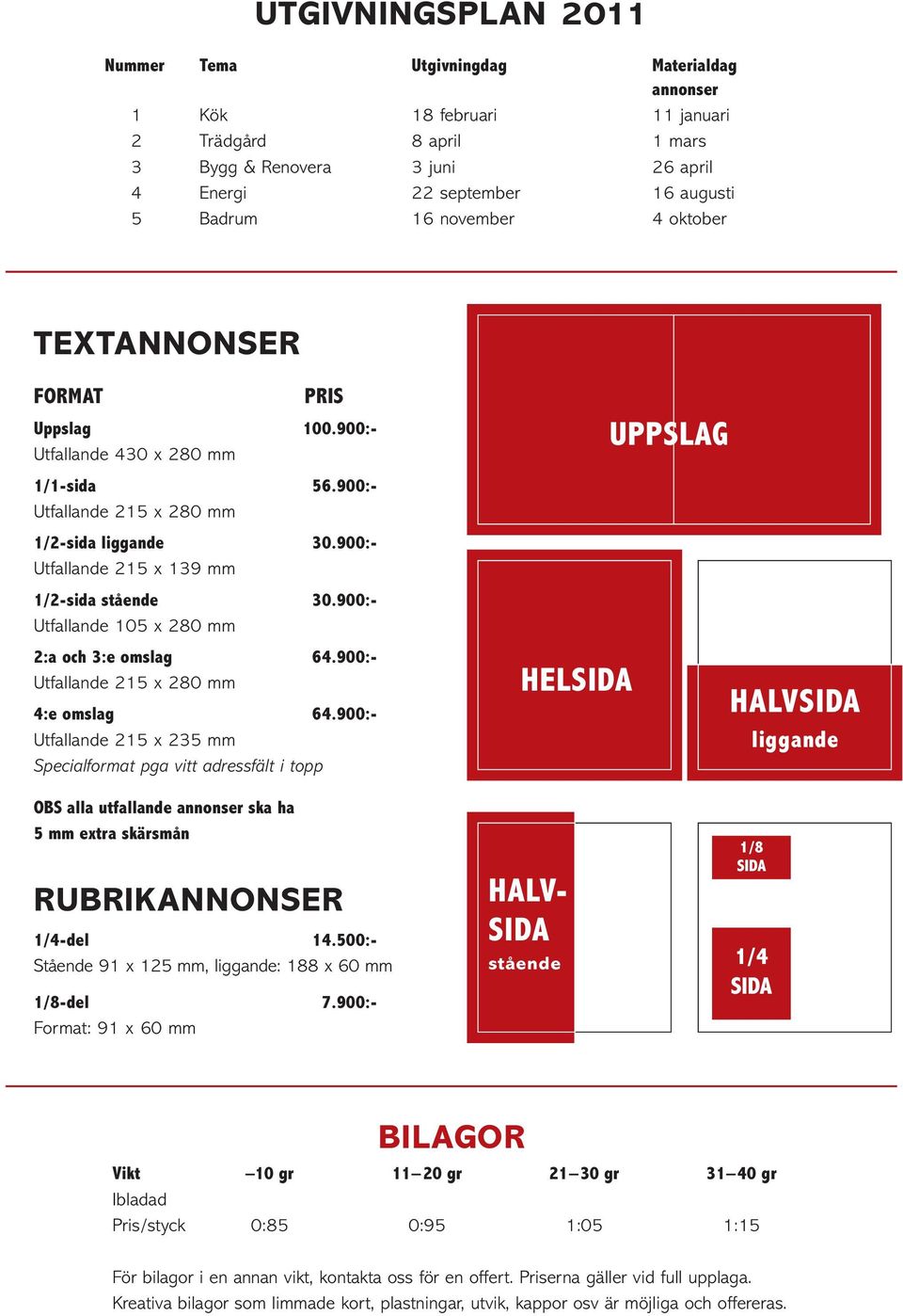 900:- Utfallande 105 x 280 mm 2:a och 3:e omslag 64.900:- Utfallande 215 x 280 mm 4:e omslag 64.