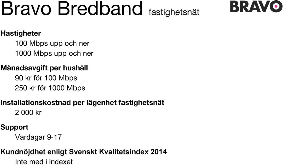 Mbps Installationskostnad per lägenhet fastighetsnät 2 000 kr Support