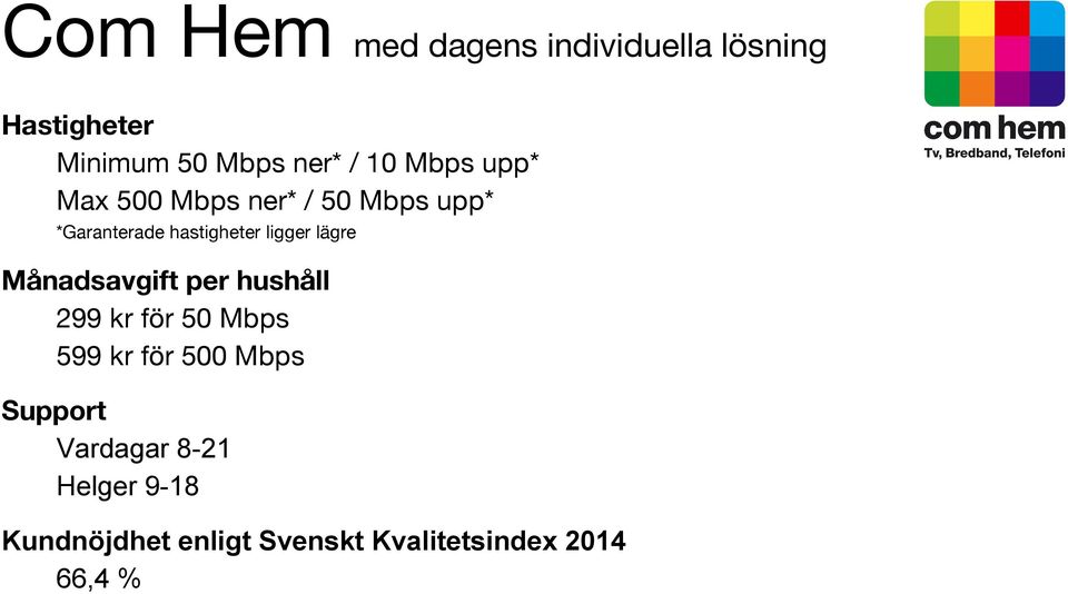 lägre Månadsavgift per hushåll 299 kr för 50 Mbps 599 kr för 500 Mbps Support