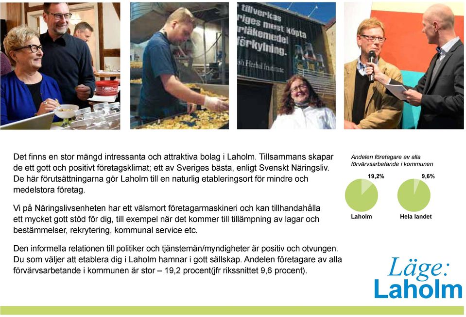Andelen företagare av alla förvärvsarbetande i kommunen 19,2% 9,6% Vi på Näringslivsenheten har ett välsmort företagarmaskineri och kan tillhandahålla ett mycket gott stöd för dig, till exempel när