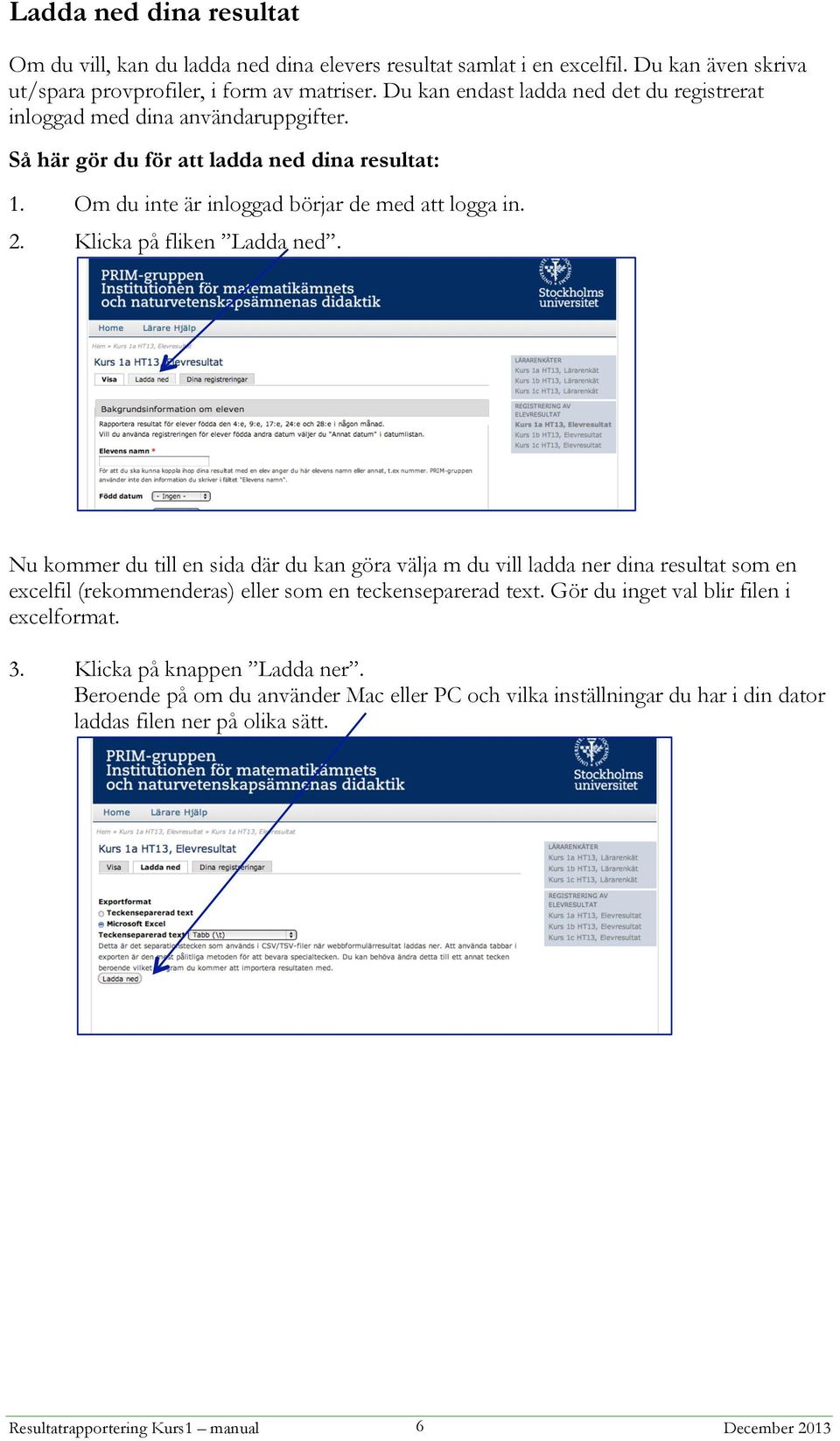 Klicka på fliken Ladda ned. Nu kommer du till en sida där du kan göra välja m du vill ladda ner dina resultat som en excelfil (rekommenderas) eller som en teckenseparerad text.