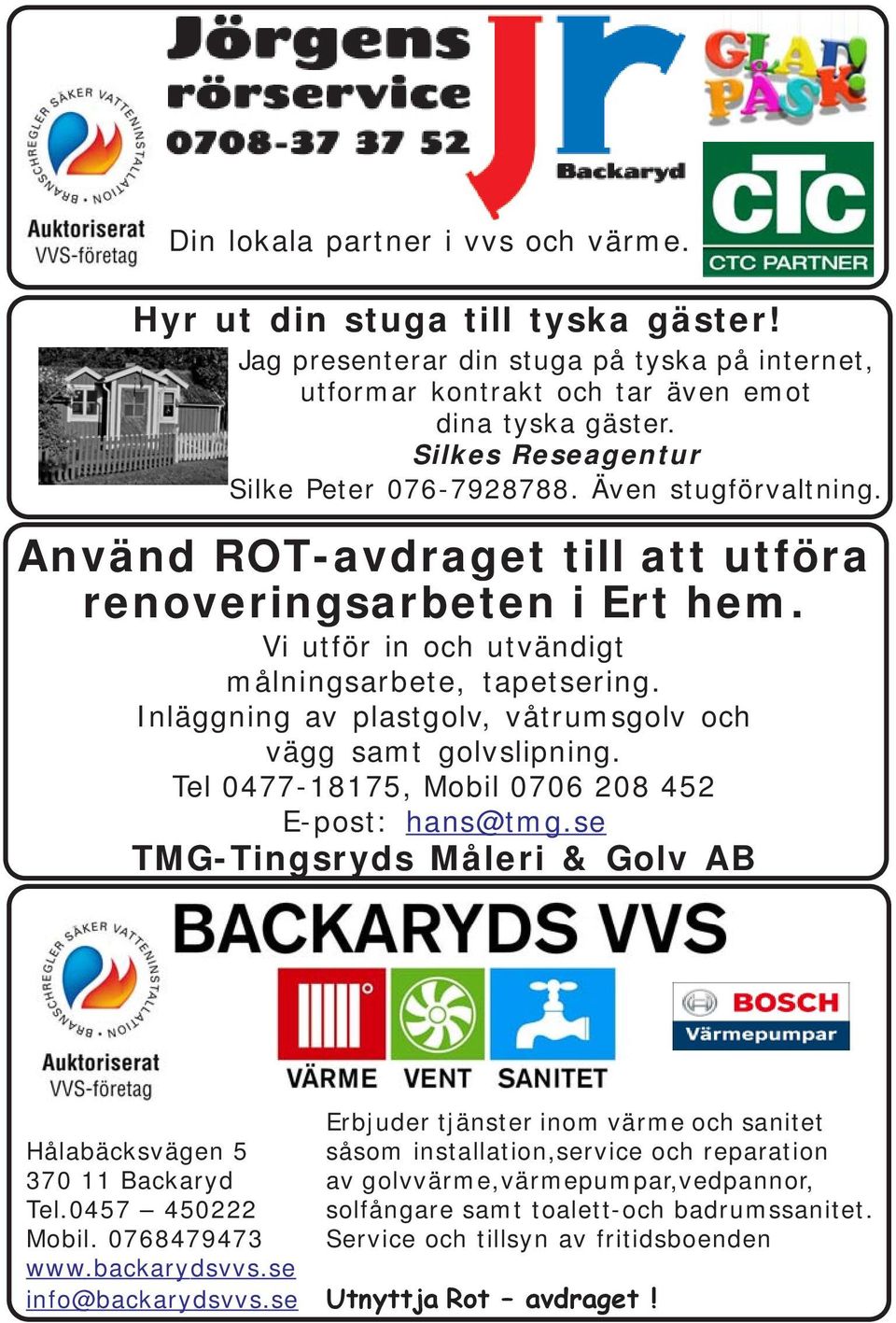 Inläggning av plastgolv, våtrumsgolv och vägg samt golvslipning. Tel 0477-18175, Mobil 0706 208 452 E-post: hans@tmg.