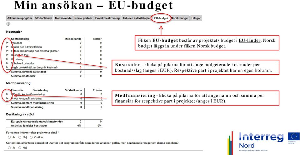 Kostnader - klicka på pilarna för att ange budgeterade kostnader per kostnadsslag (anges i EUR).