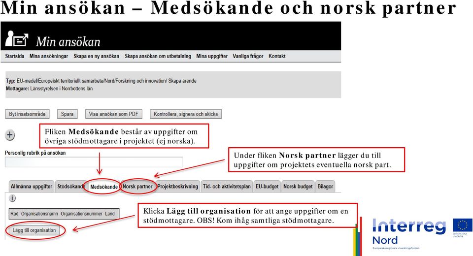 Under fliken Norsk partner lägger du till uppgifter om projektets eventuella