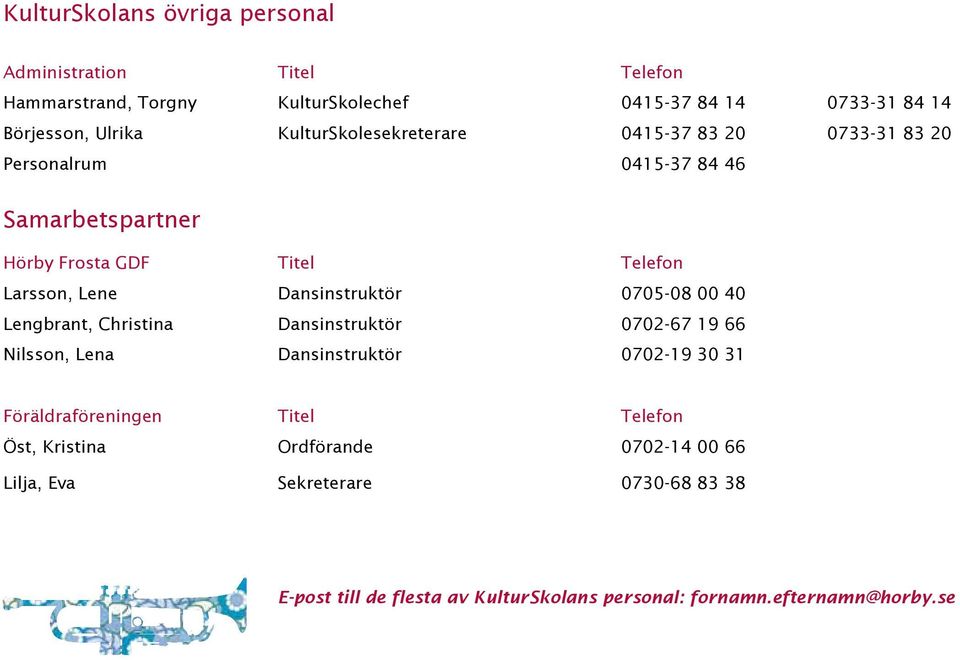 Dansinstruktör 0705-08 00 40 Lengbrant, Christina Dansinstruktör 0702-67 19 66 Nilsson, Lena Dansinstruktör 0702-19 30 31 Föräldraföreningen Titel