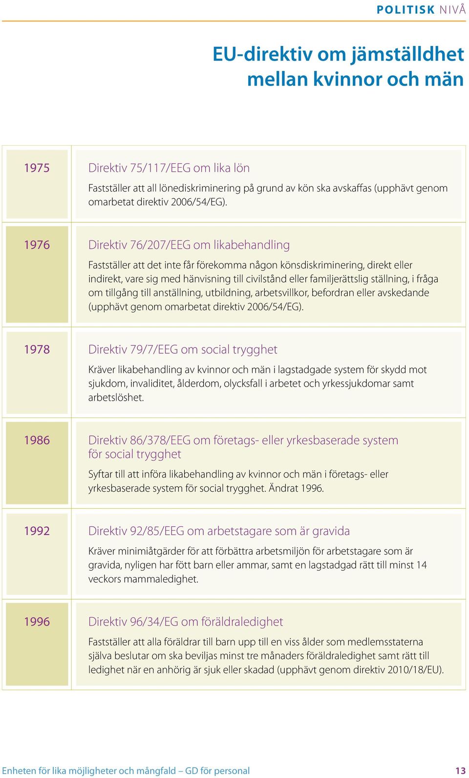 1976 Direktiv 76/207/EEG om likabehandling Fastställer att det inte får förekomma någon könsdiskriminering, direkt eller indirekt, vare sig med hänvisning till civilstånd eller familjerättslig