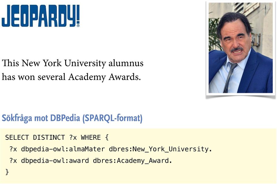 Sökfråga mot DBPedia (SPARQL-format) SELECT DISTINCT?