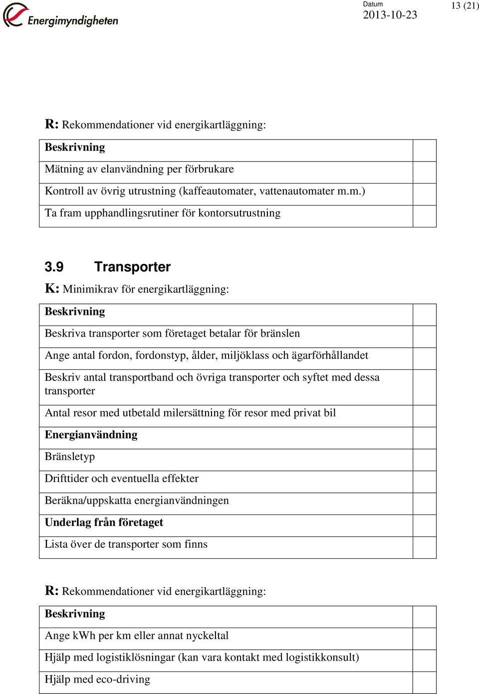 transporter och syftet med dessa transporter Antal resor med utbetald milersättning för resor med privat bil Energianvändning Bränsletyp Drifttider och eventuella effekter