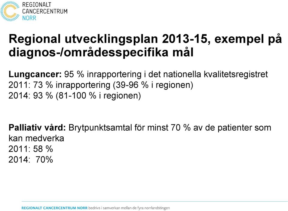 inrapportering (39-96 % i regionen) 2014: 93 % (81-100 % i regionen) Palliativ