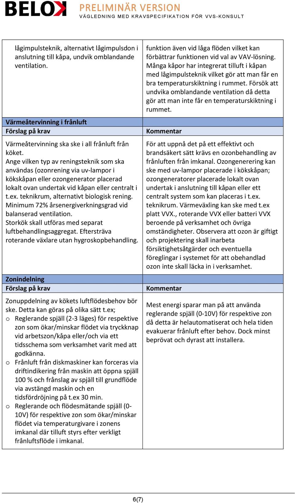 teknikrum, alternativt biologisk rening. Minimum 72% årsenergiverkningsgrad vid balanserad ventilation. Storkök skall utföras med separat luftbehandlingsaggregat.