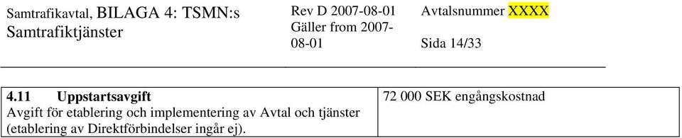 11 Uppstartsavgift Avgift för etablering och implementering av Avtal