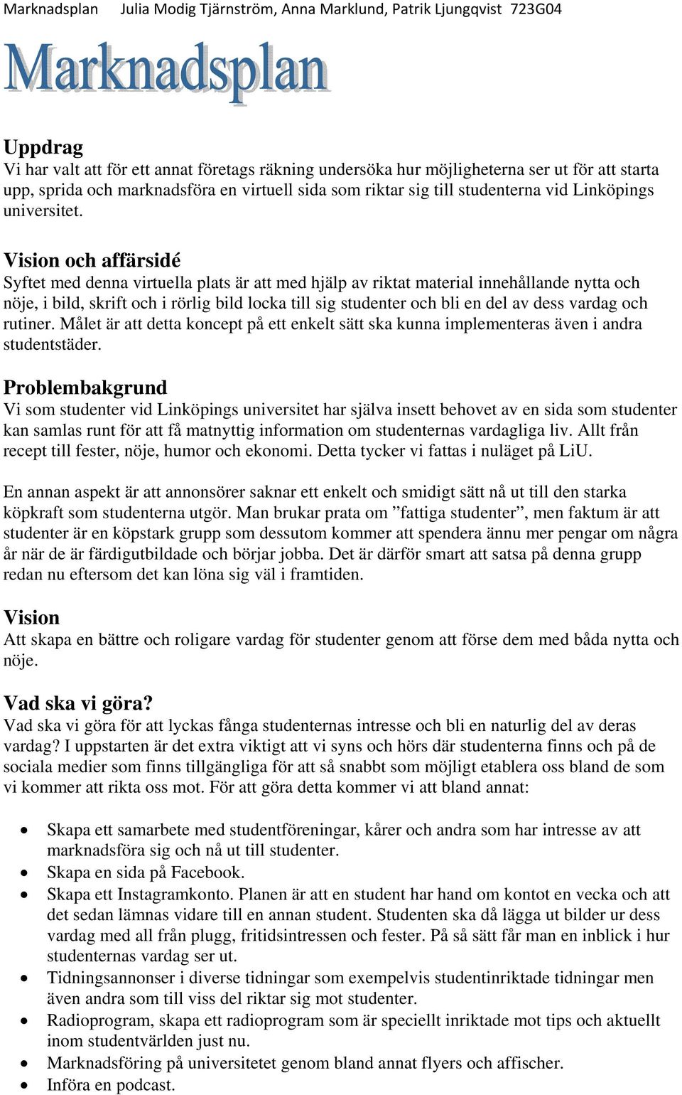 Vision och affärsidé Syftet med denna virtuella plats är att med hjälp av riktat material innehållande nytta och nöje, i bild, skrift och i rörlig bild locka till sig studenter och bli en del av dess