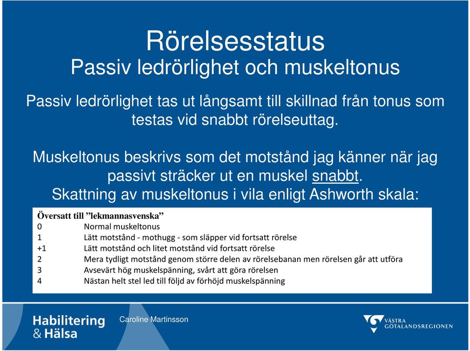 Skattning av muskeltonus i vila enligt Ashworth skala: Översatt till lekmannasvenska 0 Normal muskeltonus 1 Lätt motstånd - mothugg - som släpper vid fortsatt rörelse