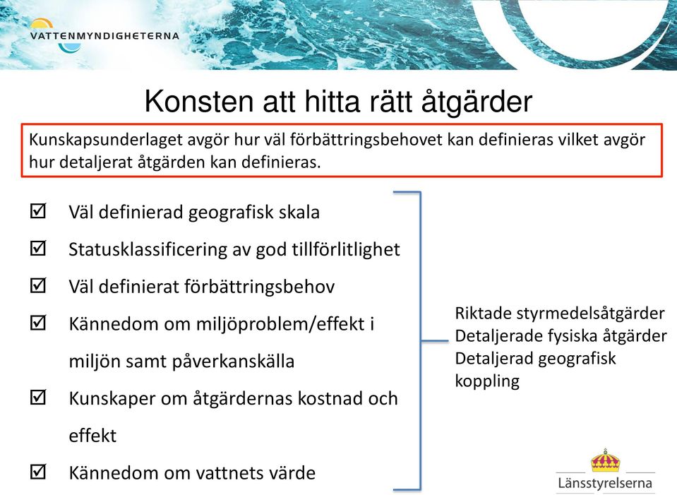 Väl definierad geografisk skala Statusklassificering av god tillförlitlighet Väl definierat förbättringsbehov Kännedom