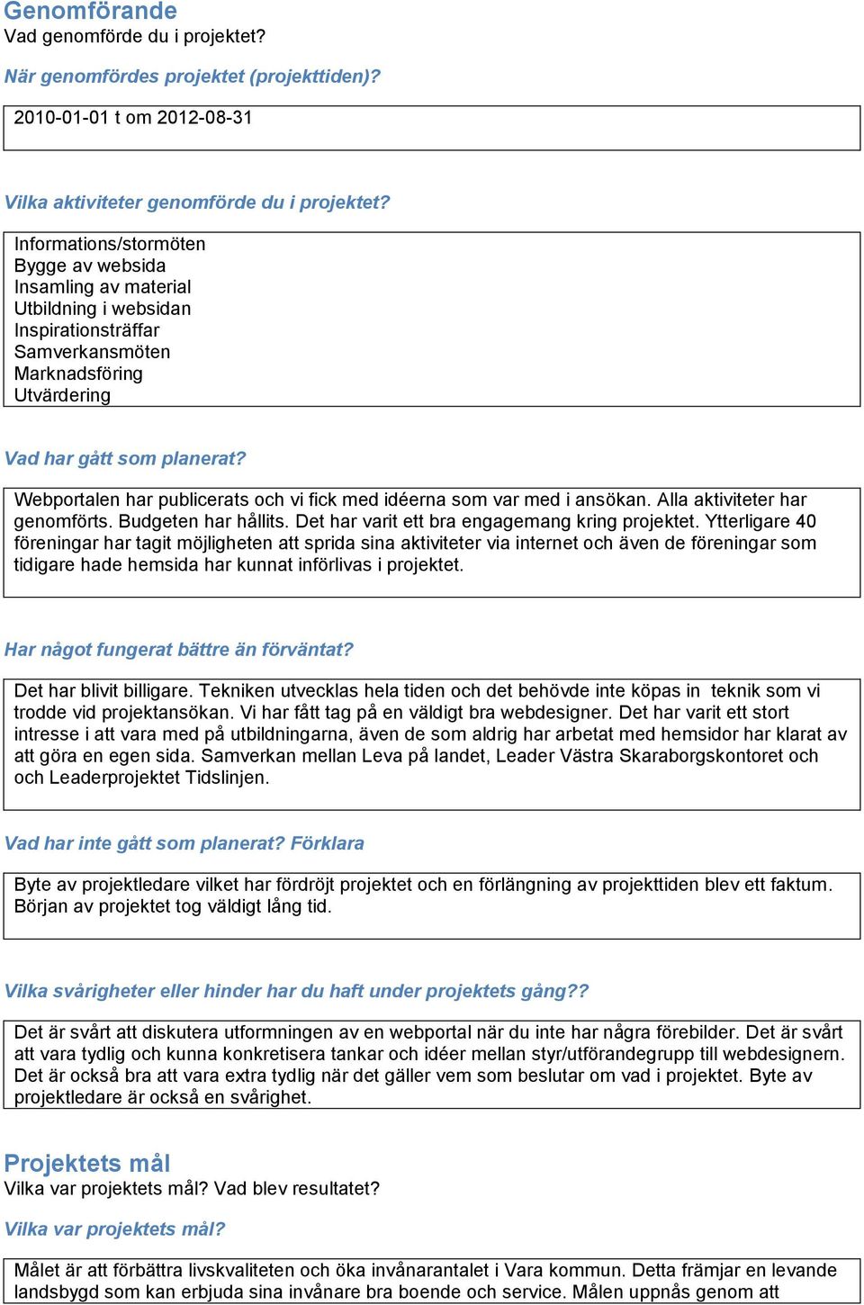 Webportalen har publicerats och vi fick med idéerna som var med i ansökan. Alla aktiviteter har genomförts. Budgeten har hållits. Det har varit ett bra engagemang kring projektet.