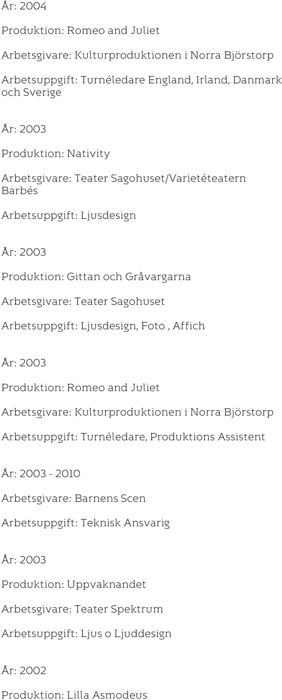 Juliet Arbetsgivare: Kulturproduktionen i Norra Björstorp Arbetsuppgift: Turnéledare, Produktions Assistent År: 2003-2010 Arbetsgivare: Barnens Scen