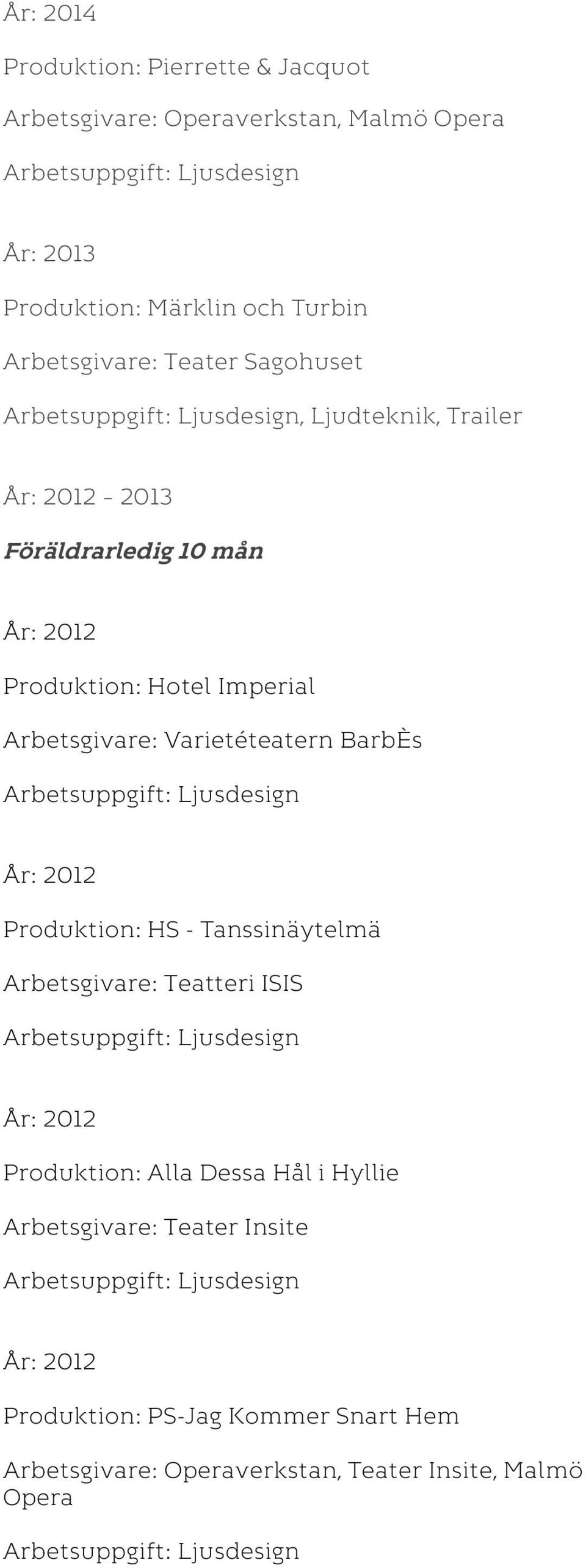 BarbÈs År: 2012 Produktion: HS - Tanssinäytelmä Arbetsgivare: Teatteri ISIS År: 2012 Produktion: Alla Dessa Hål i Hyllie