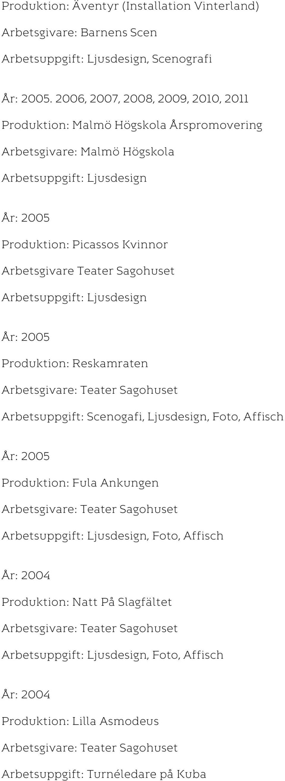 Picassos Kvinnor Arbetsgivare Teater Sagohuset År: 2005 Produktion: Reskamraten Arbetsuppgift: Scenogafi, Ljusdesign, Foto, Affisch