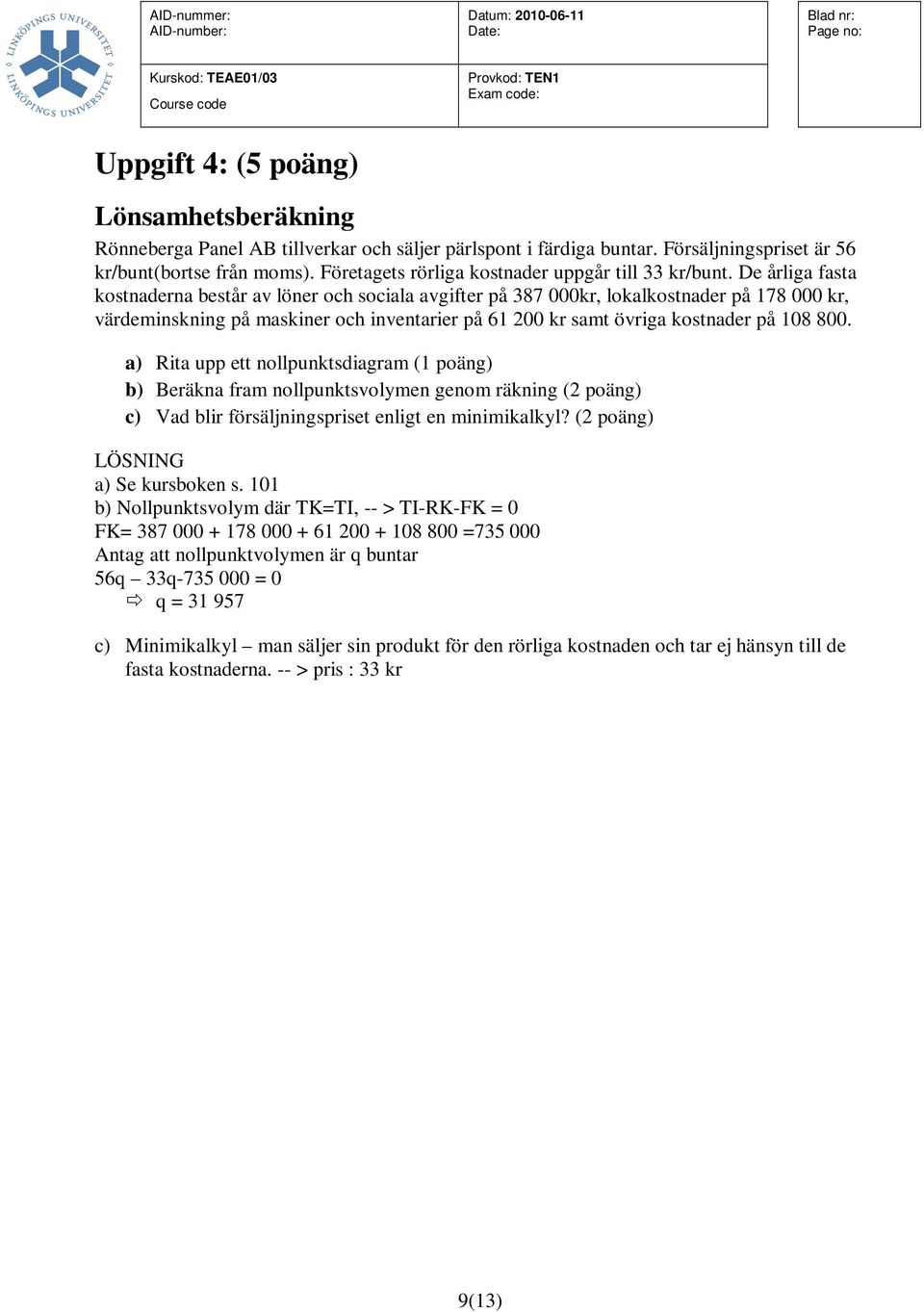 De årliga fasta kostnaderna består av löner och sociala avgifter på 387 000kr, lokalkostnader på 178 000 kr, värdeminskning på maskiner och inventarier på 61 200 kr samt övriga kostnader på 108 800.