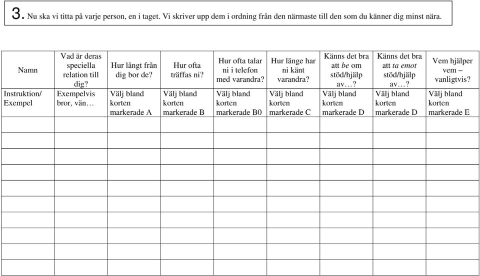 markerade A Hur ofta träffas ni? markerade B Hur ofta talar ni i telefon med varandra? markerade B0 Hur länge har ni känt varandra?