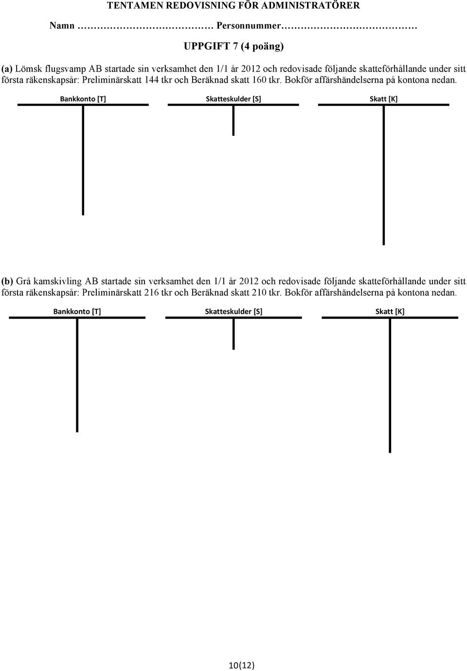 Bankkonto'[T] Skatteskulder'[S] Skatt'[K] (b) Grå kamskivling AB startade sin verksamhet den 1/1 år 2012 och redovisade följande