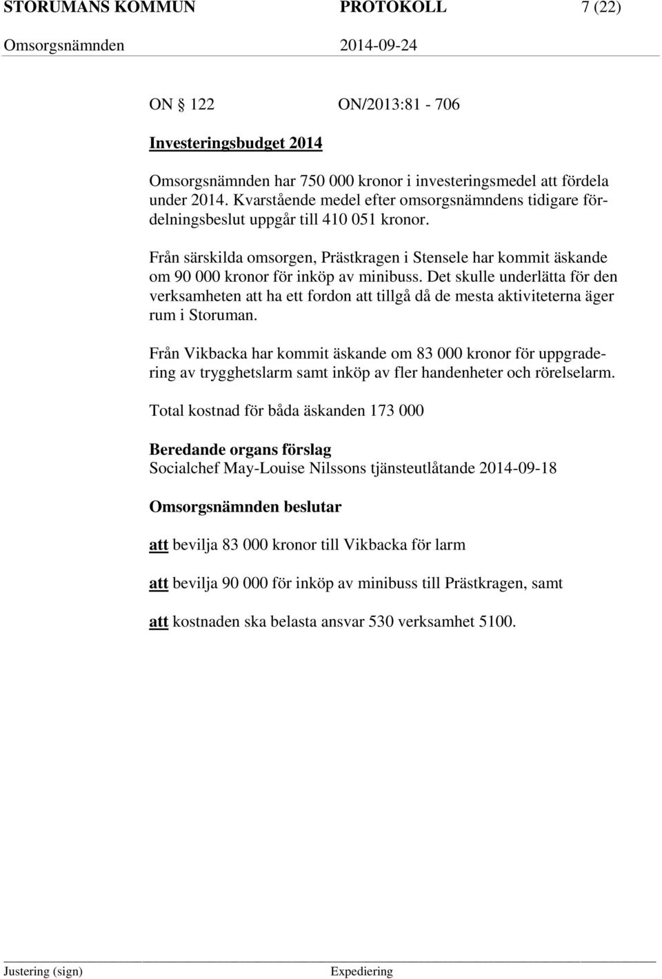 Från särskilda omsorgen, Prästkragen i Stensele har kommit äskande om 90 000 kronor för inköp av minibuss.