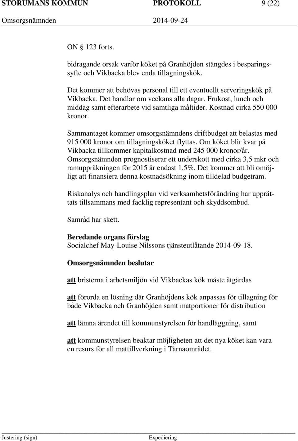Kostnad cirka 550 000 kronor. Sammantaget kommer omsorgsnämndens driftbudget att belastas med 915 000 kronor om tillagningsköket flyttas.