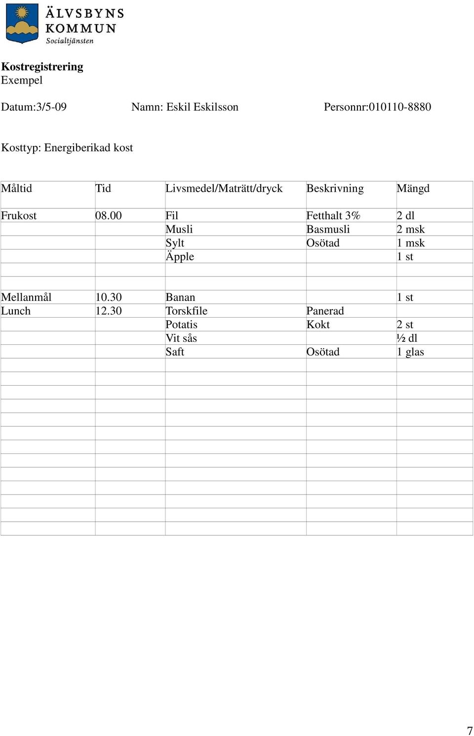 08.00 Fil Fetthalt 3% 2 dl Musli Basmusli 2 msk Sylt Osötad 1 msk Äpple 1 st Mellanmål