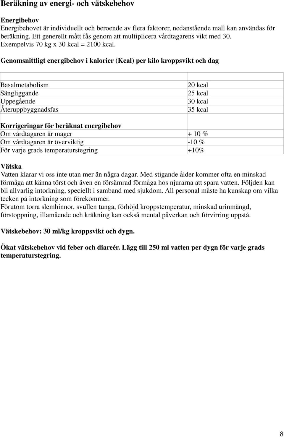 Genomsnittligt energibehov i kalorier (Kcal) per kilo kroppsvikt och dag Basalmetabolism Sängliggande Uppegående Återuppbyggnadsfas 20 kcal 25 kcal 30 kcal 35 kcal Korrigeringar för beräknat