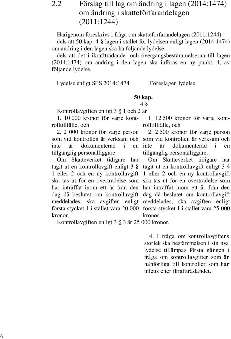 den lagen ska införas en ny punkt, 4, av följande lydelse. Lydelse enligt SFS 2014:1474 Föreslagen lydelse 50 kap. 4 Kontrollavgiften enligt 3 1 och 2 är 1.