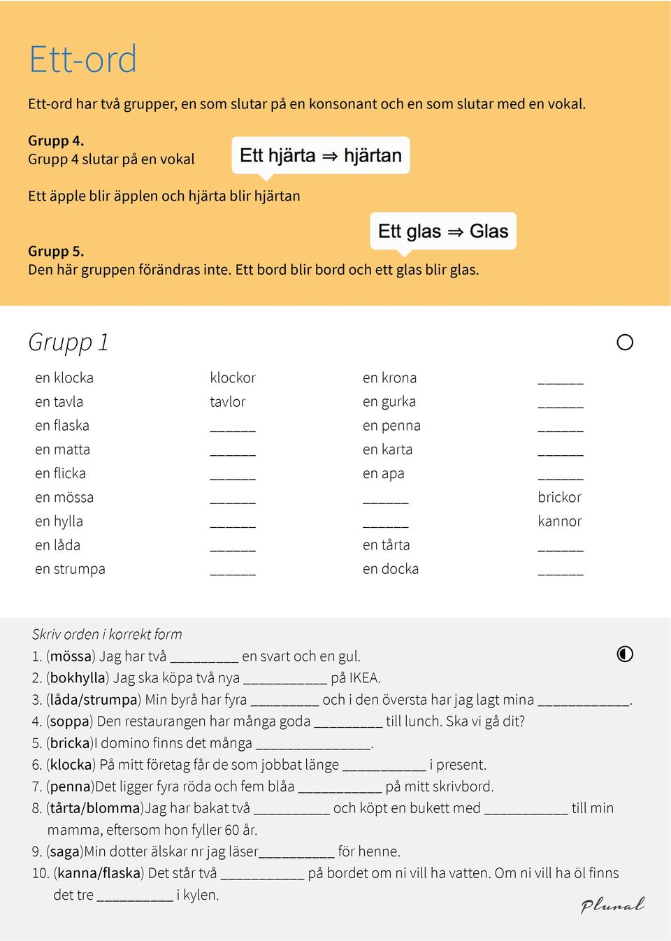 Grupp 1 en klocka klockor en krona en tavla tavlor en gurka en flaska en penna en matta en karta en flicka en apa en mössa brickor en hylla kannor en låda en tårta en strumpa en docka Skriv orden i