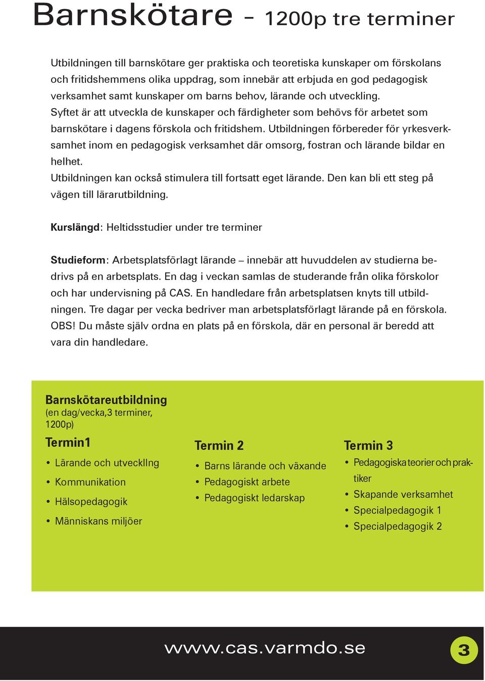 Utbildningen förbereder för yrkesverksamhet inom en pedagogisk verksamhet där omsorg, fostran och lärande bildar en helhet. Utbildningen kan också stimulera till fortsatt eget lärande.