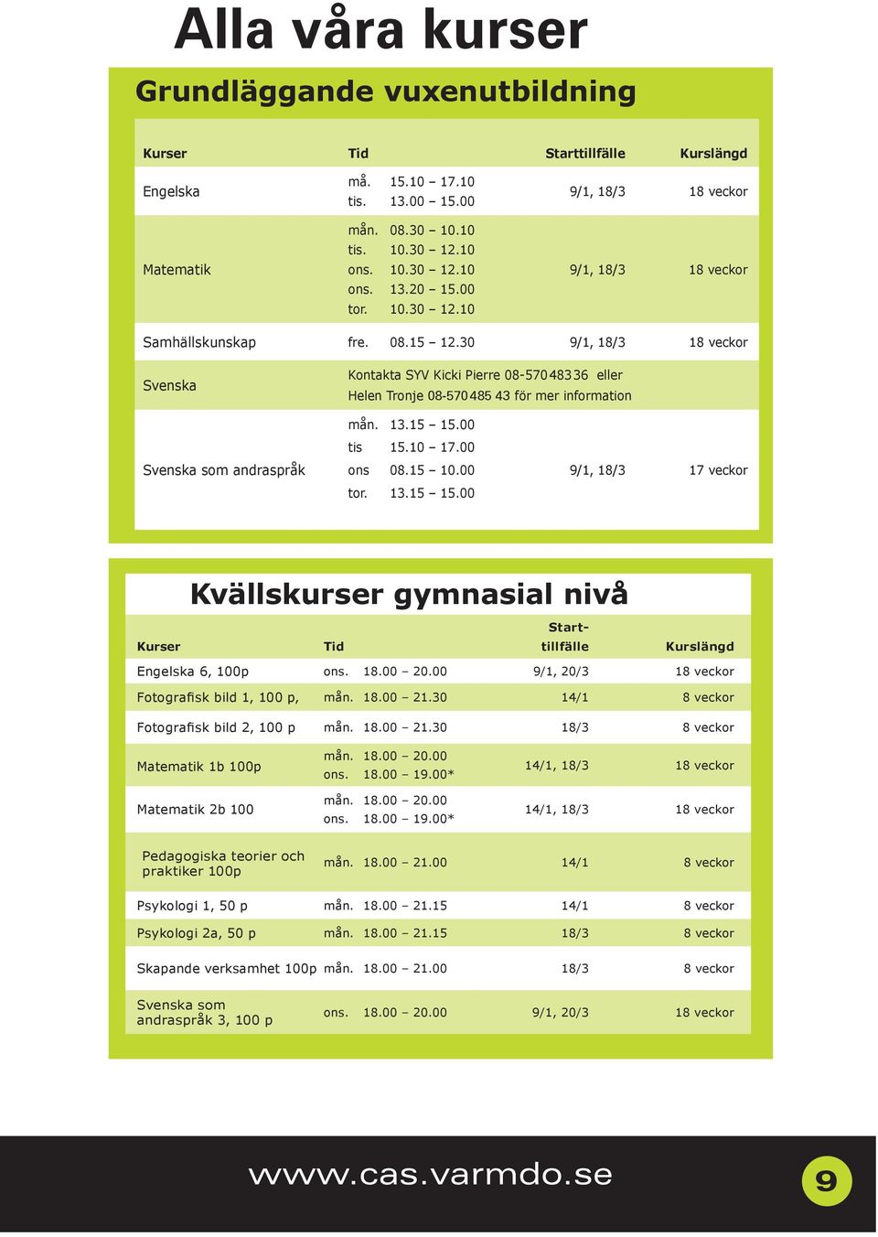 30 9/1, 18/3 18 veckor Svenska Kontakta SYV Kicki Pierre 08-57048336 eller Helen Tronje 08-570 485 43 för mer information Svenska som andraspråk mån. 13.15 15.00 tis 15.10 17.00 ons 08.15 10.00 tor.