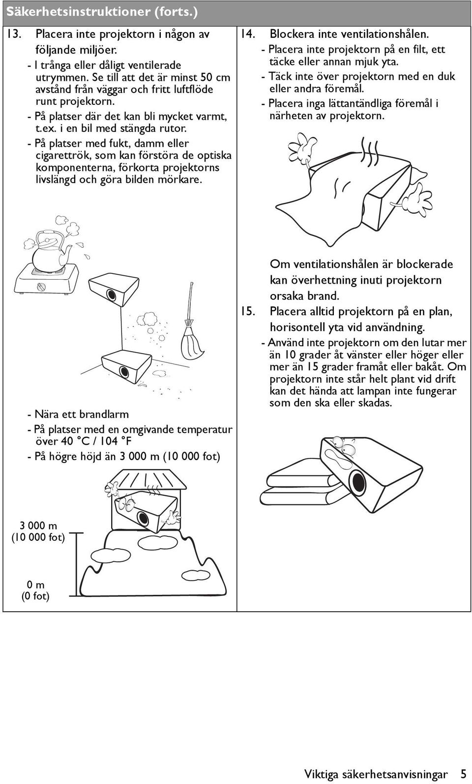 - På platser med fukt, damm eller cigarettrök, som kan förstöra de optiska komponenterna, förkorta projektorns livslängd och göra bilden mörkare. 14. Blockera inte ventilationshålen.