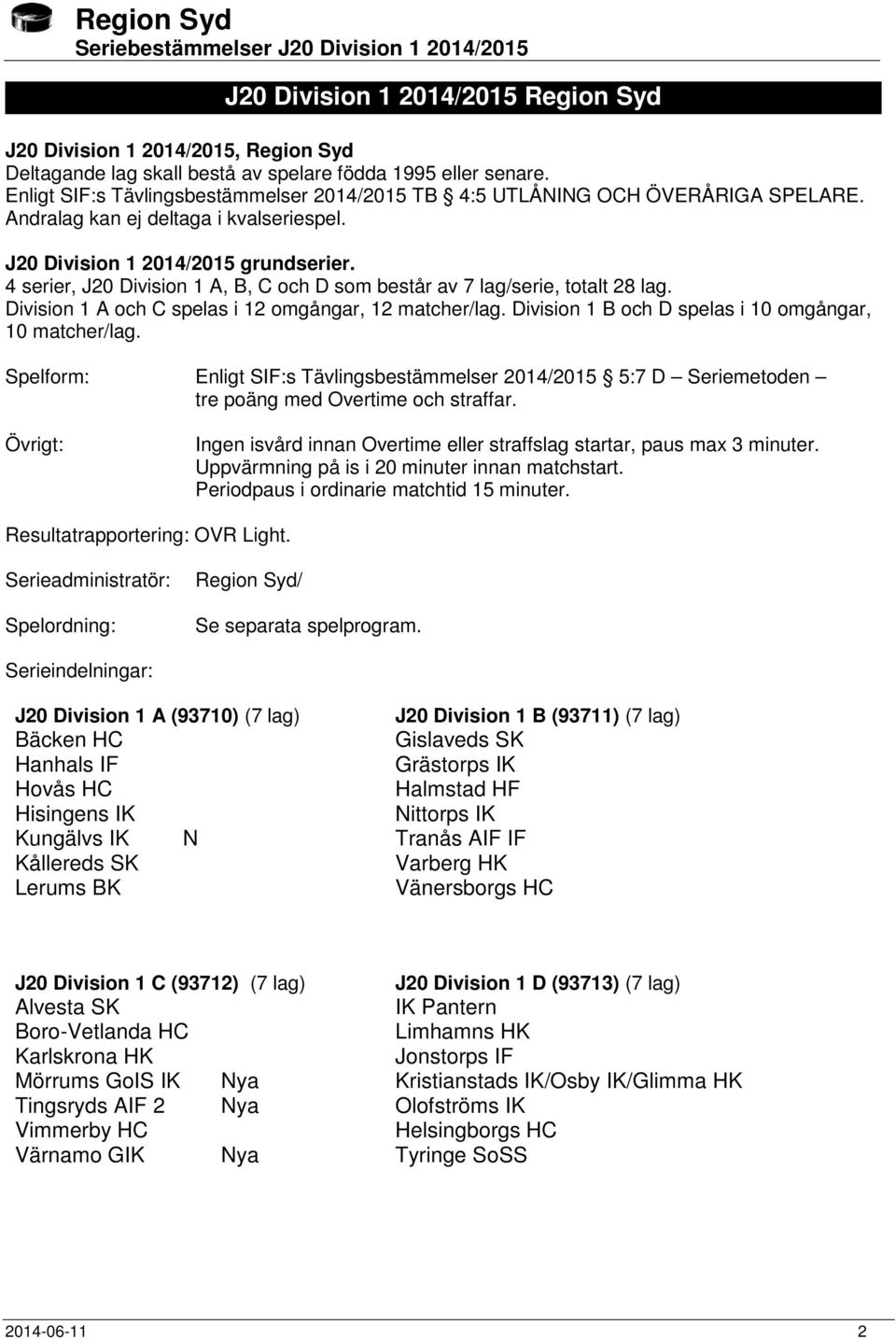 4 serier, J20 Division 1 A, B, C och D som består av 7 lag/serie, totalt 28 lag. Division 1 A och C spelas i 12 omgångar, 12 matcher/lag. Division 1 B och D spelas i 10 omgångar, 10 matcher/lag.