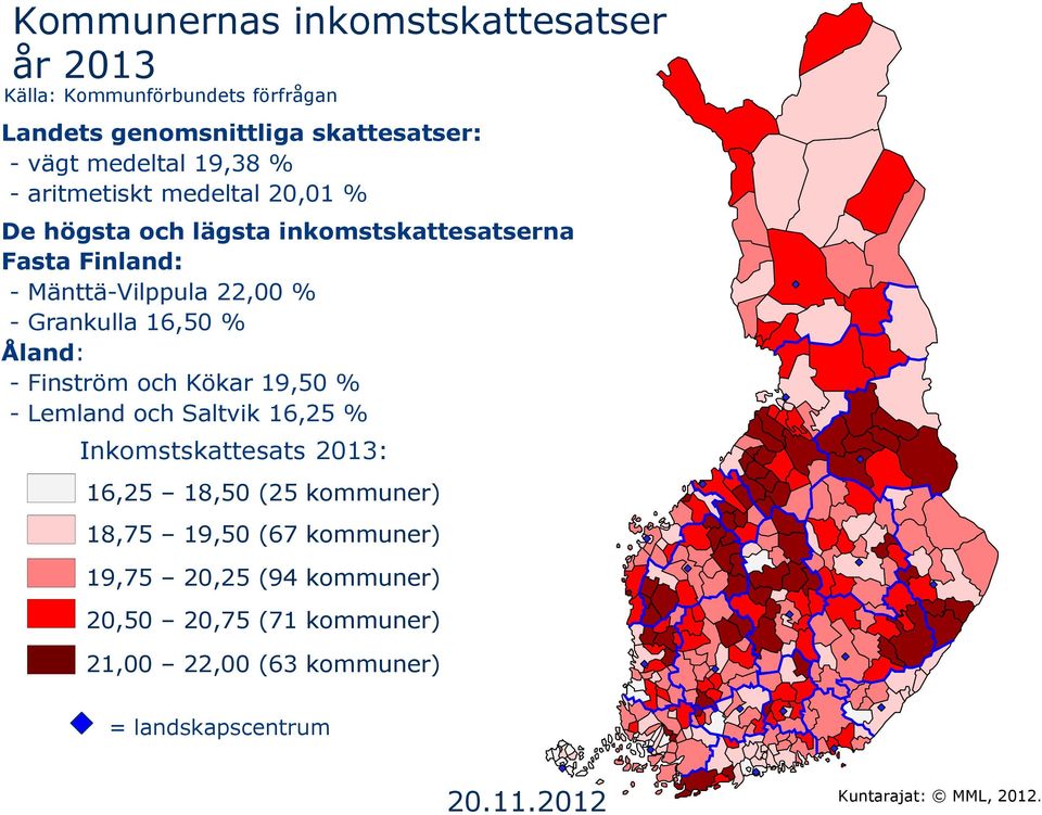 Åland: - Finström och Kökar 19,50 % - Lemland och Saltvik 16,25 % Inkomstskattesats 2013: 16,25 18,50 (25 kommuner) 18,75 19,50 (67